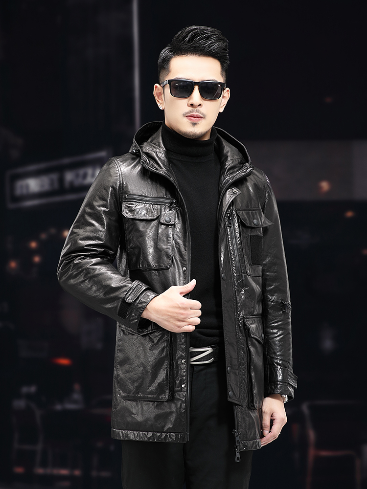 Men Winter Warm Mid Long Oil W - Leather Work Jacket With Hood review and price