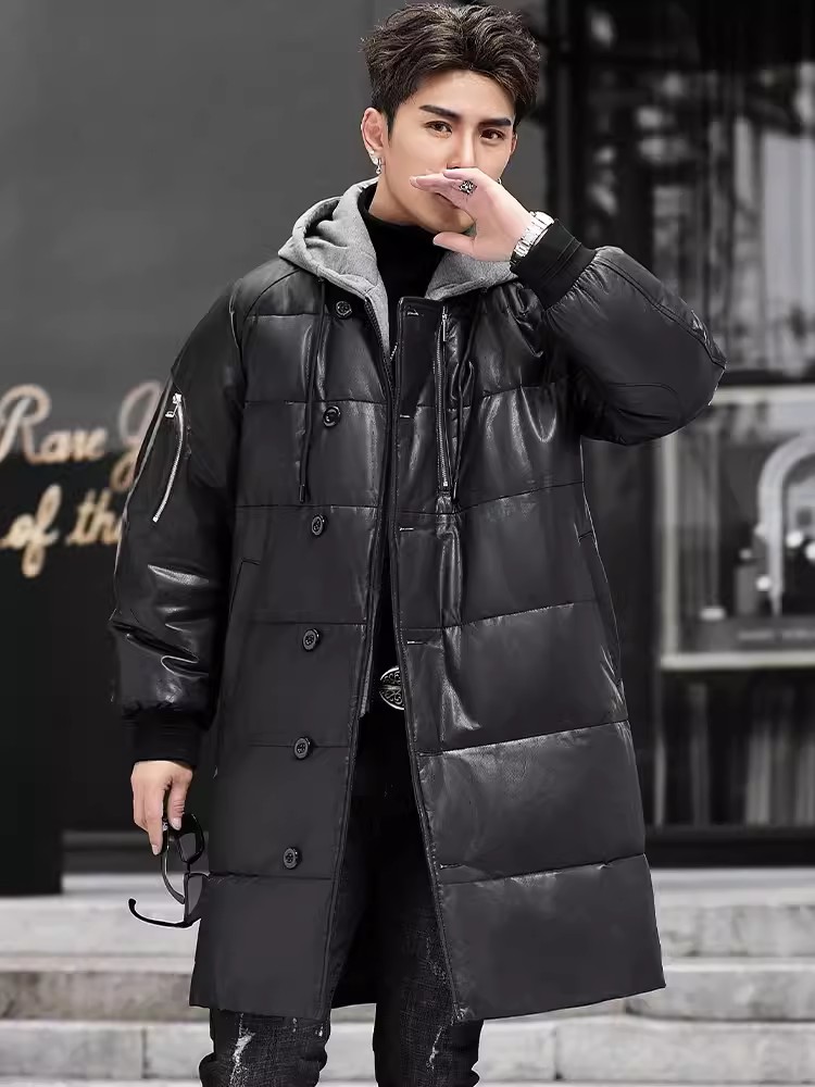 Winter New Men Hooded Long Gen - Leather Work Jacket With Hood review and price