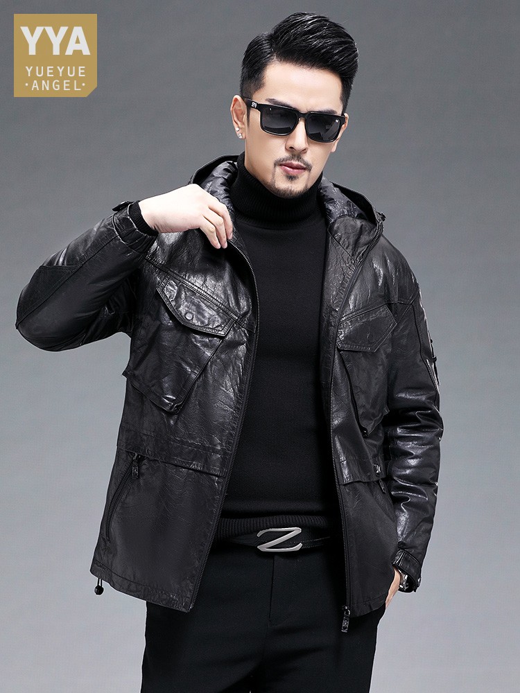 Winter Men Warm Real Goatskin  - Leather Work Jacket With Hood review and price