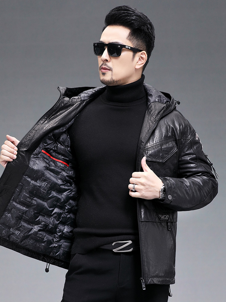Winter Men Warm Real Goatskin  - Leather Work Jacket With Hood review and price