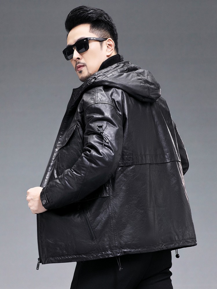 Winter Men Warm Real Goatskin  - Leather Work Jacket With Hood review and price