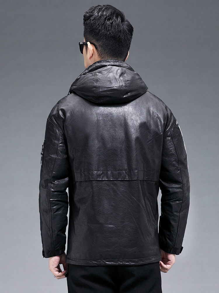 Winter Men Warm Real Goatskin  - Leather Work Jacket With Hood review and price