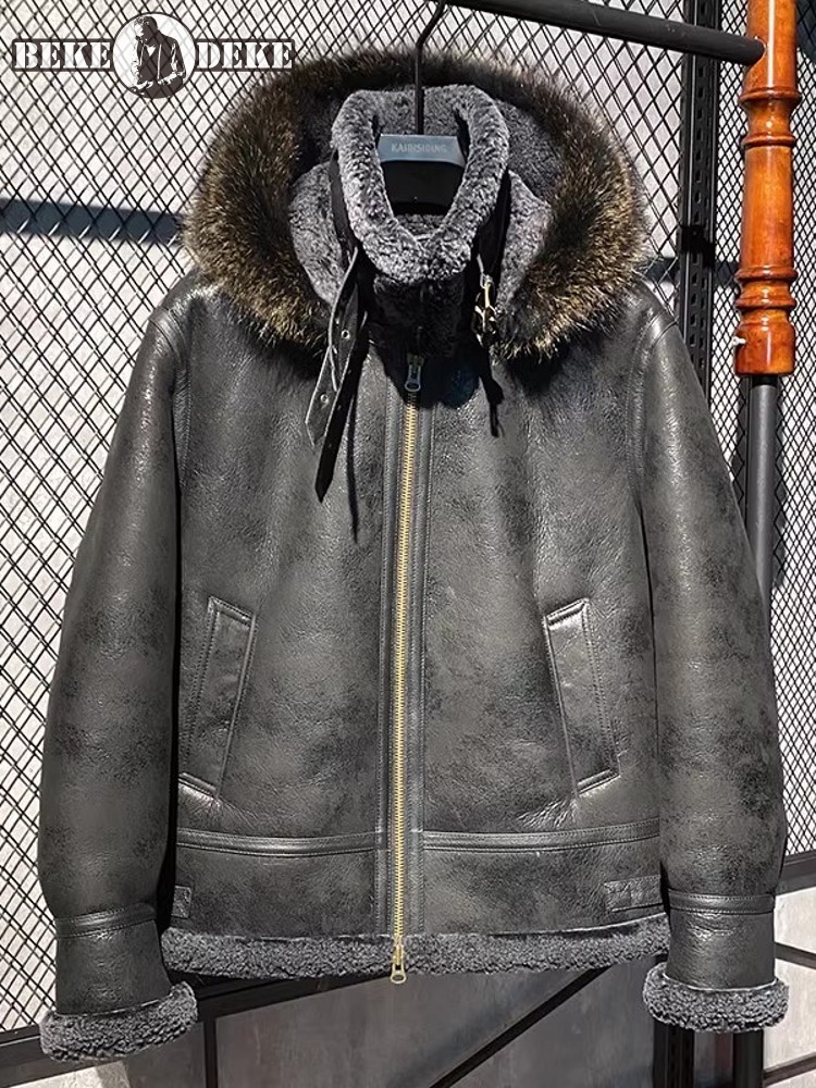 Men Winter Warm Wool Lining Sh - Leather Work Jacket With Hood review and price