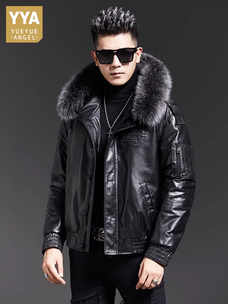 Fashion Mens Winter Fox Fur Co - Leather Work Jacket With Hood review and price