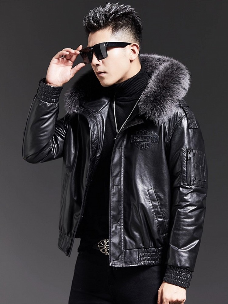 Fashion Mens Winter Fox Fur Co - Leather Work Jacket With Hood review and price